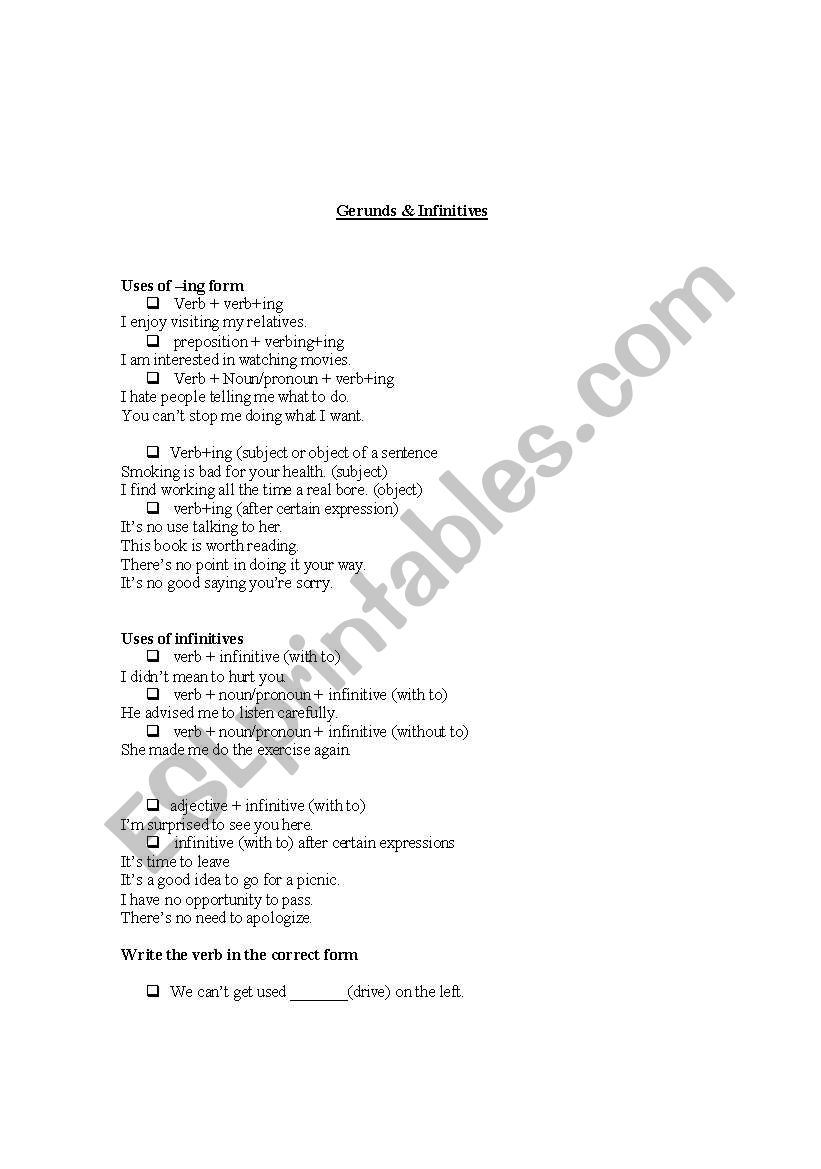 Gerund & Infinitives worksheet