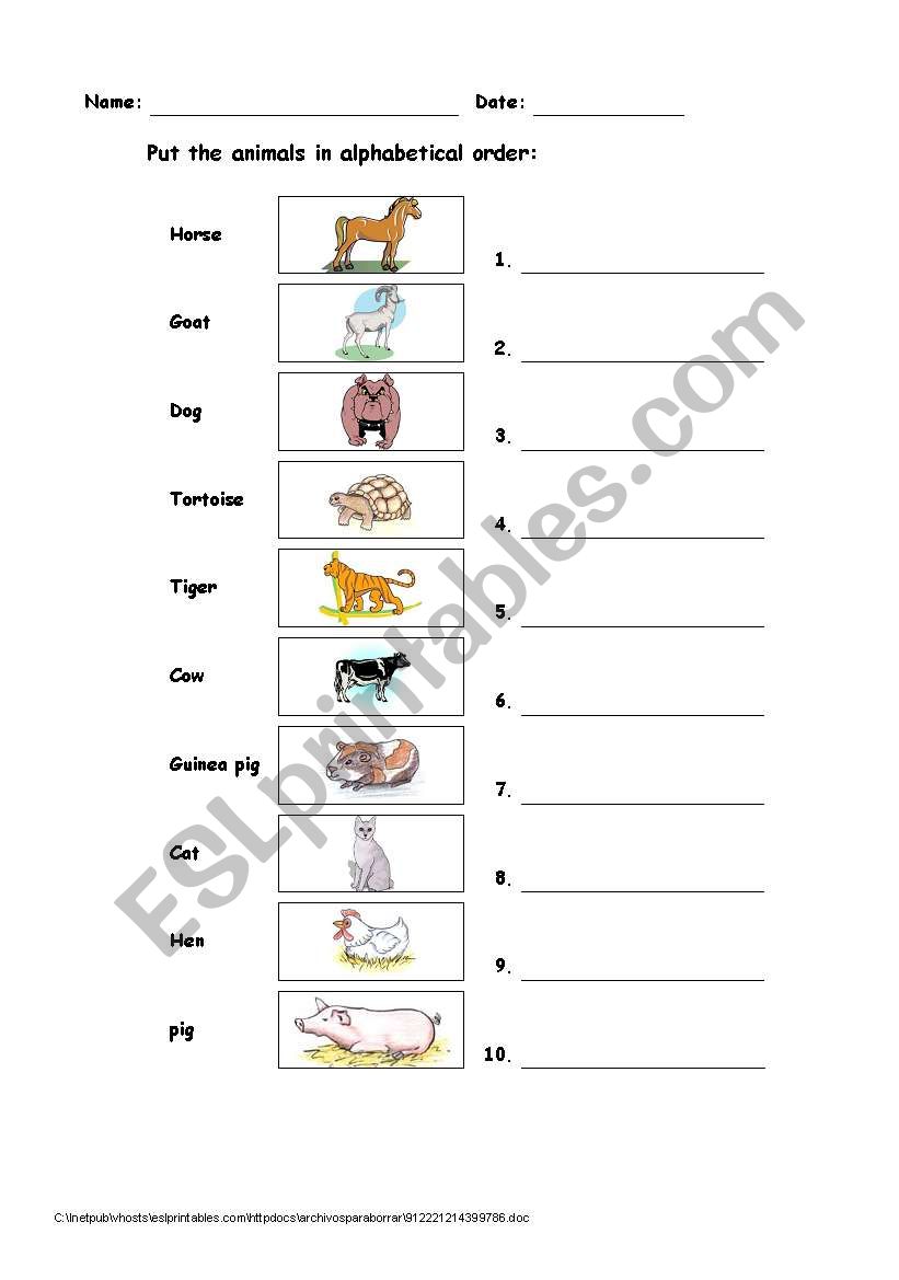 ALPHABETICAL  ANIMALS worksheet