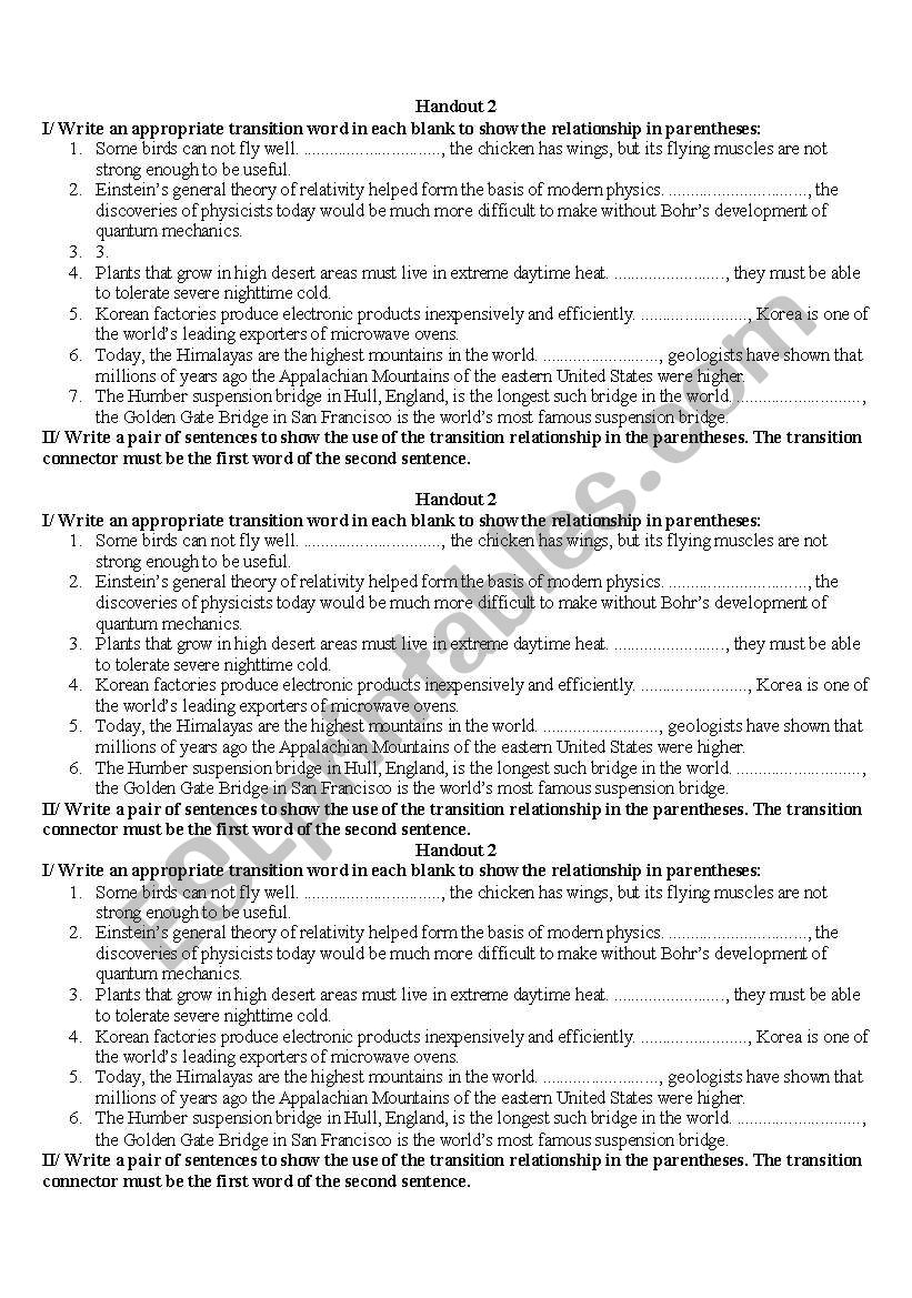 transition exercises worksheet