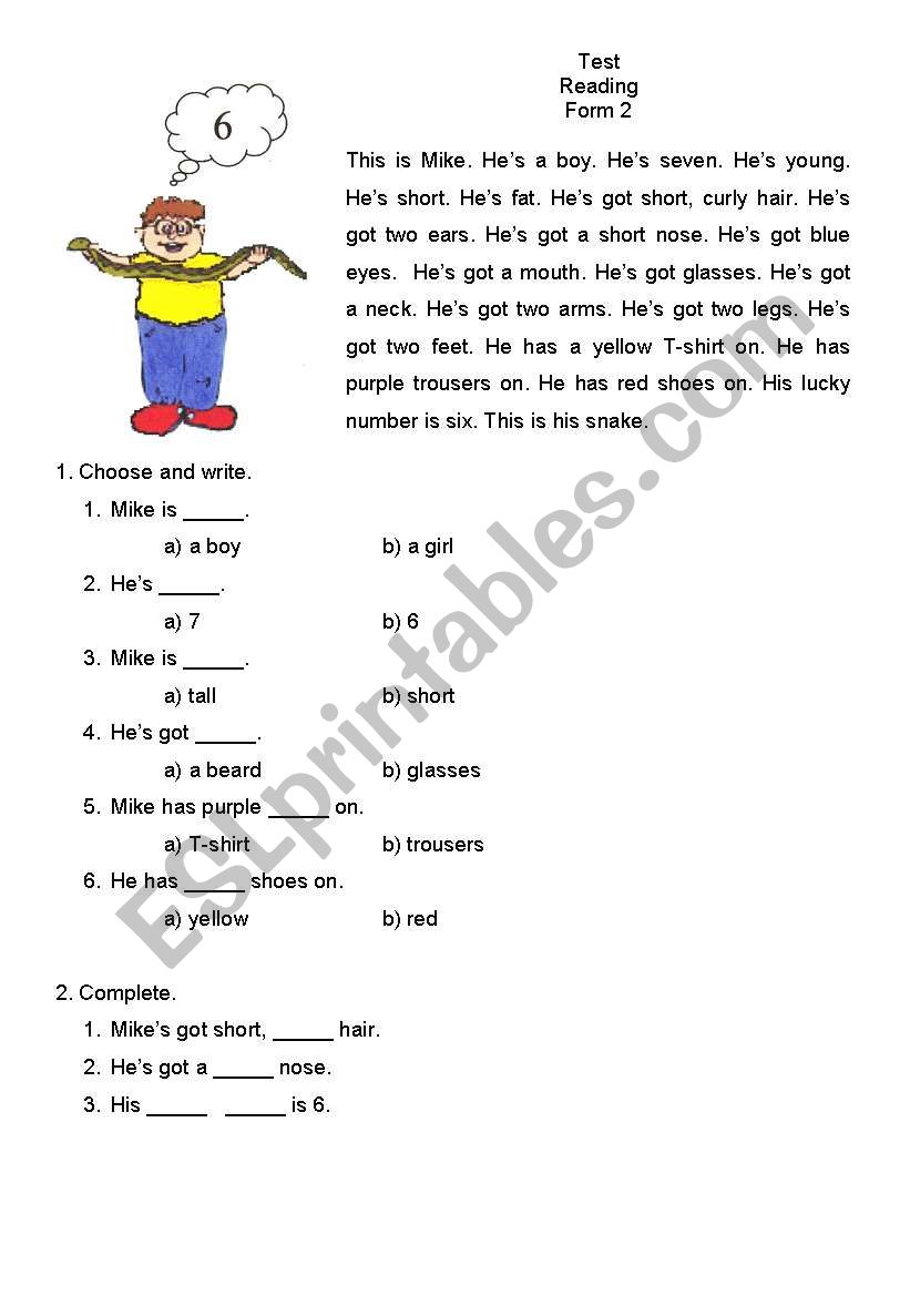 Test - reading worksheet