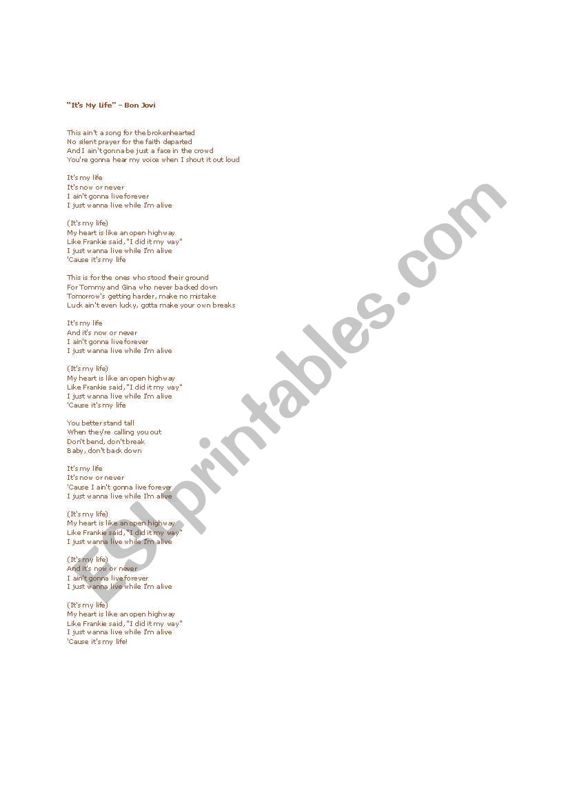 Its My Life--BonJovi song Lyrics (pre-intermediate)