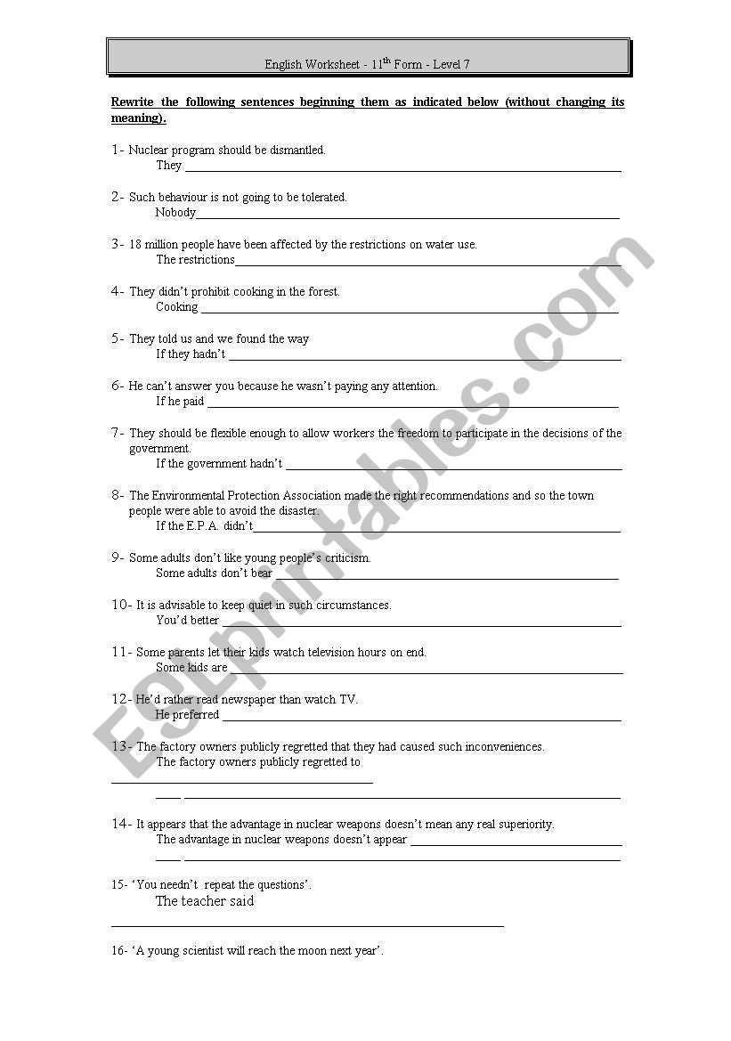 Rephrasing exercises worksheet