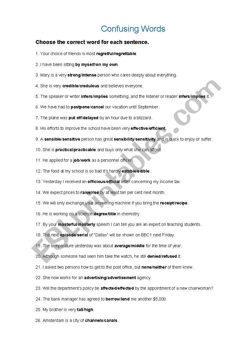 Confusing words worksheet