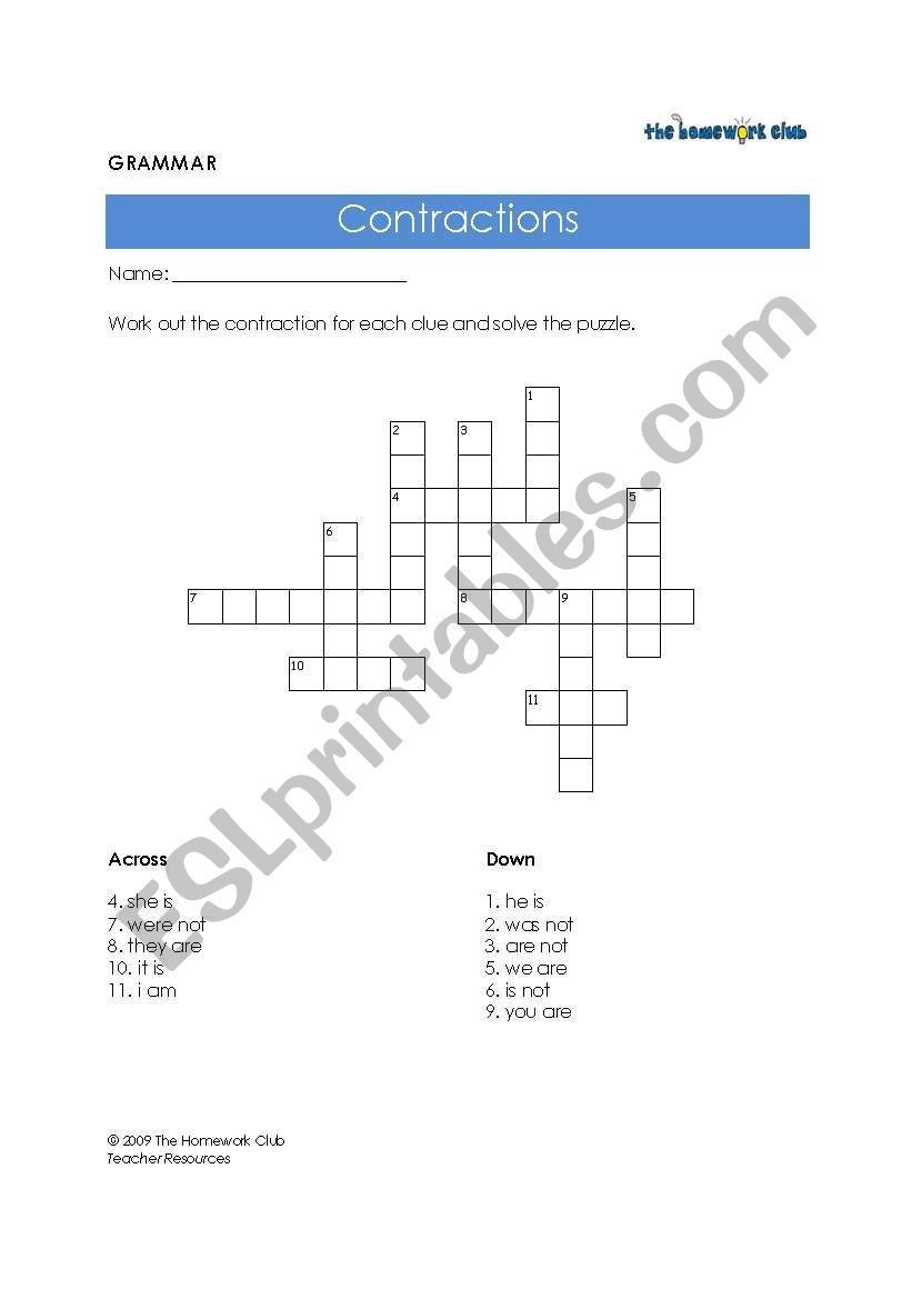 Contractions Crossword worksheet