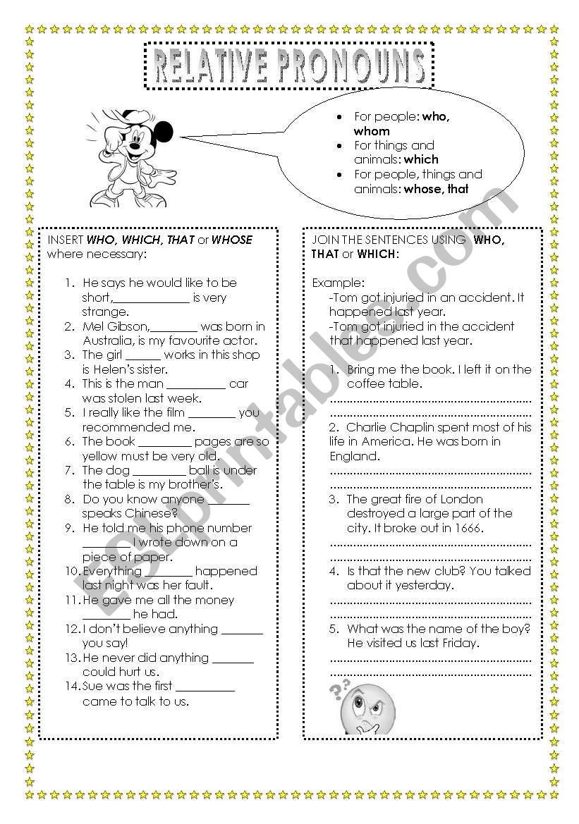 Relative pronouns worksheet