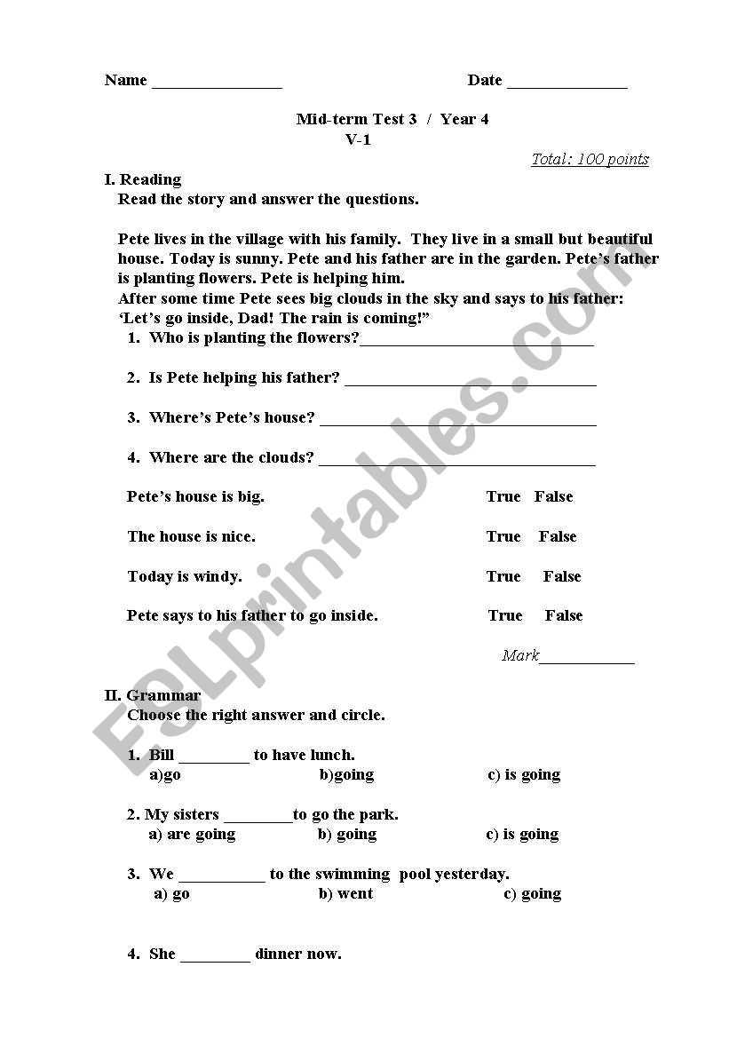 Reading and grammar worksheet