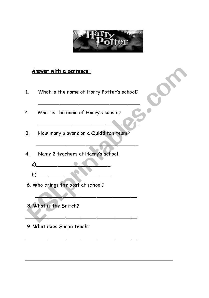 harrypotter quiz 2 worksheet