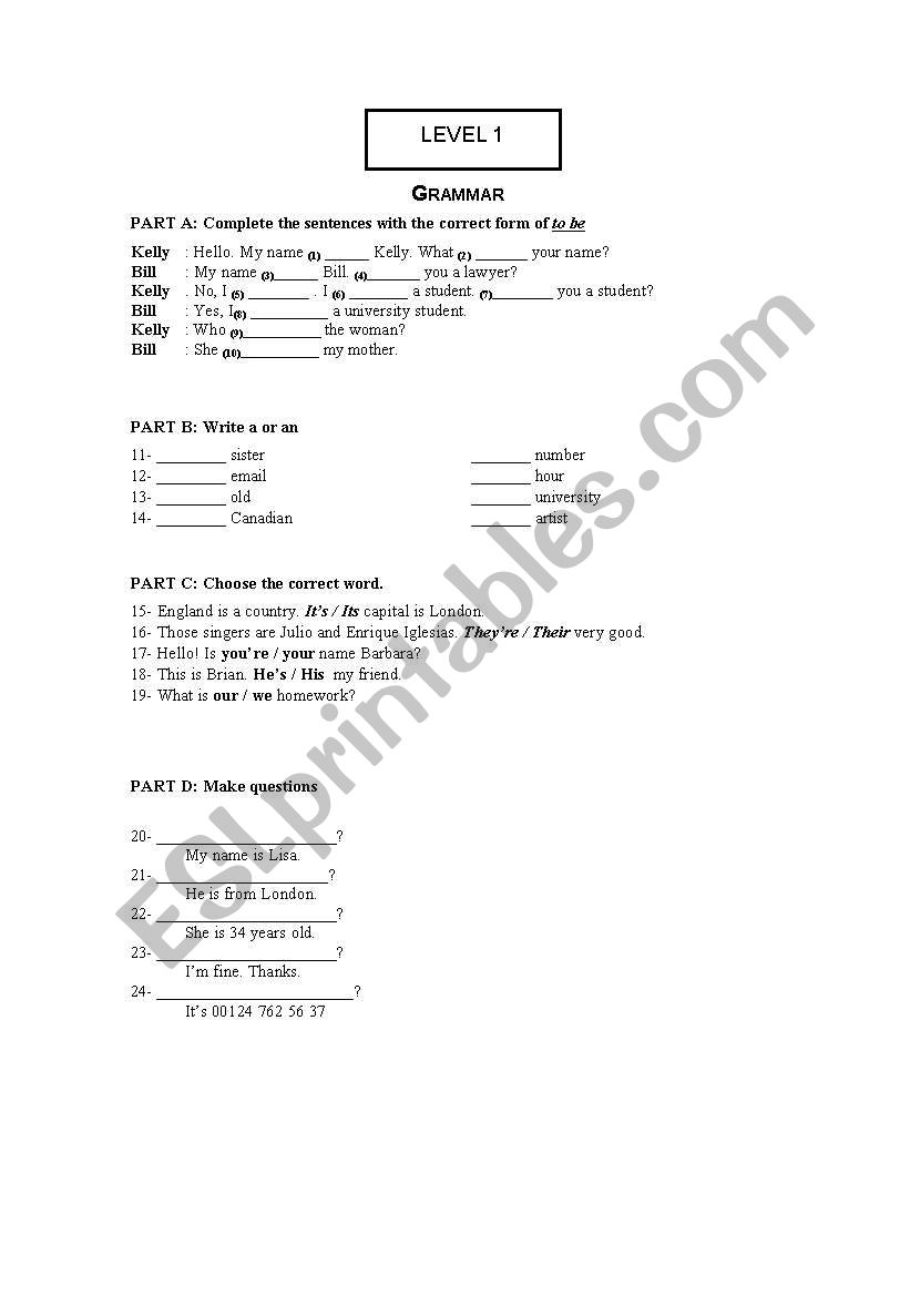test on verb to be  worksheet