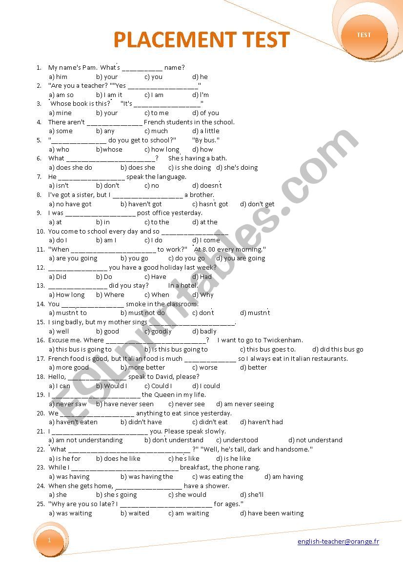 Placement test 50 questions worksheet