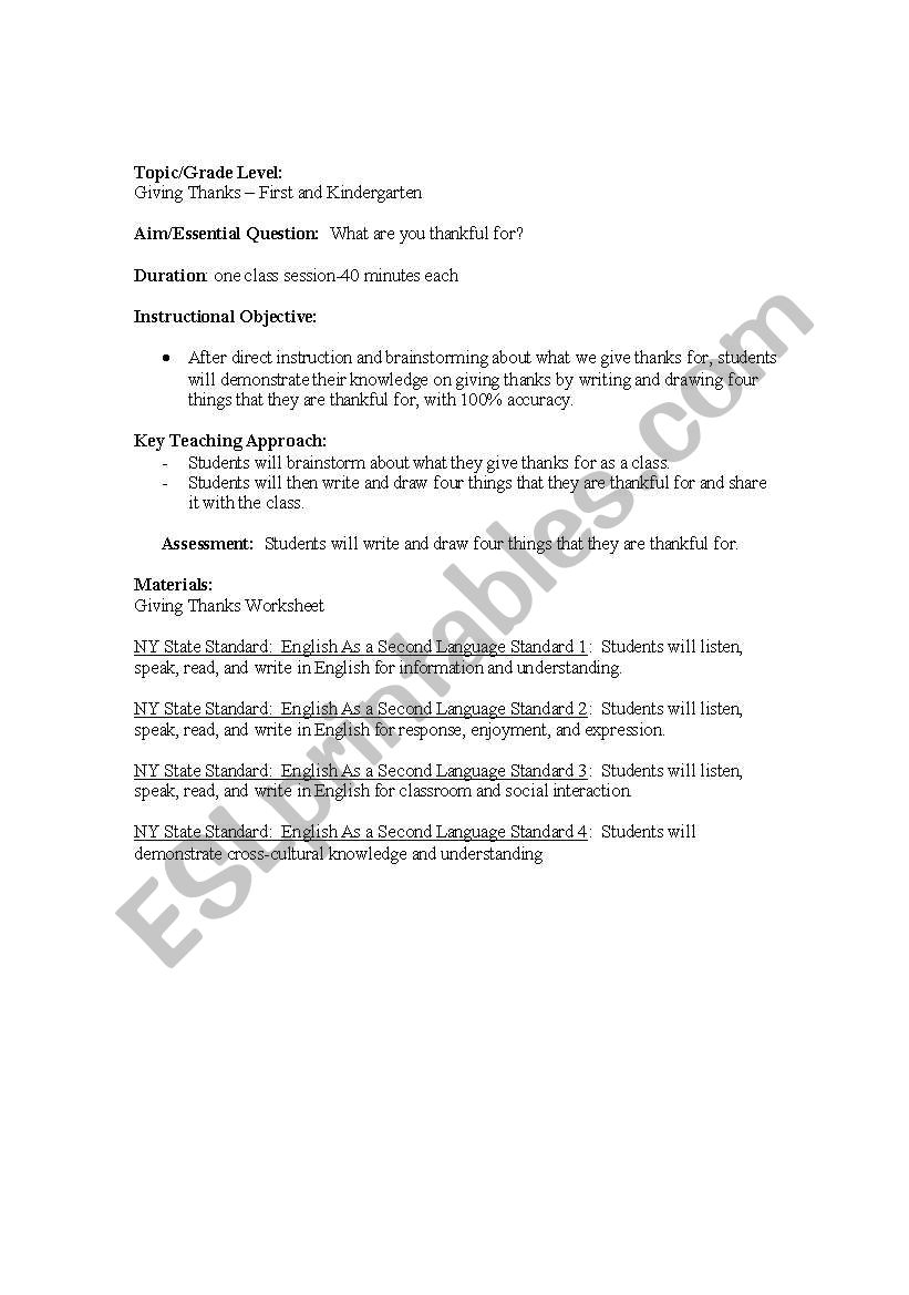 Giving Thanks Lesson Plan worksheet