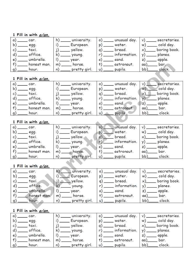 a , an articles worksheet