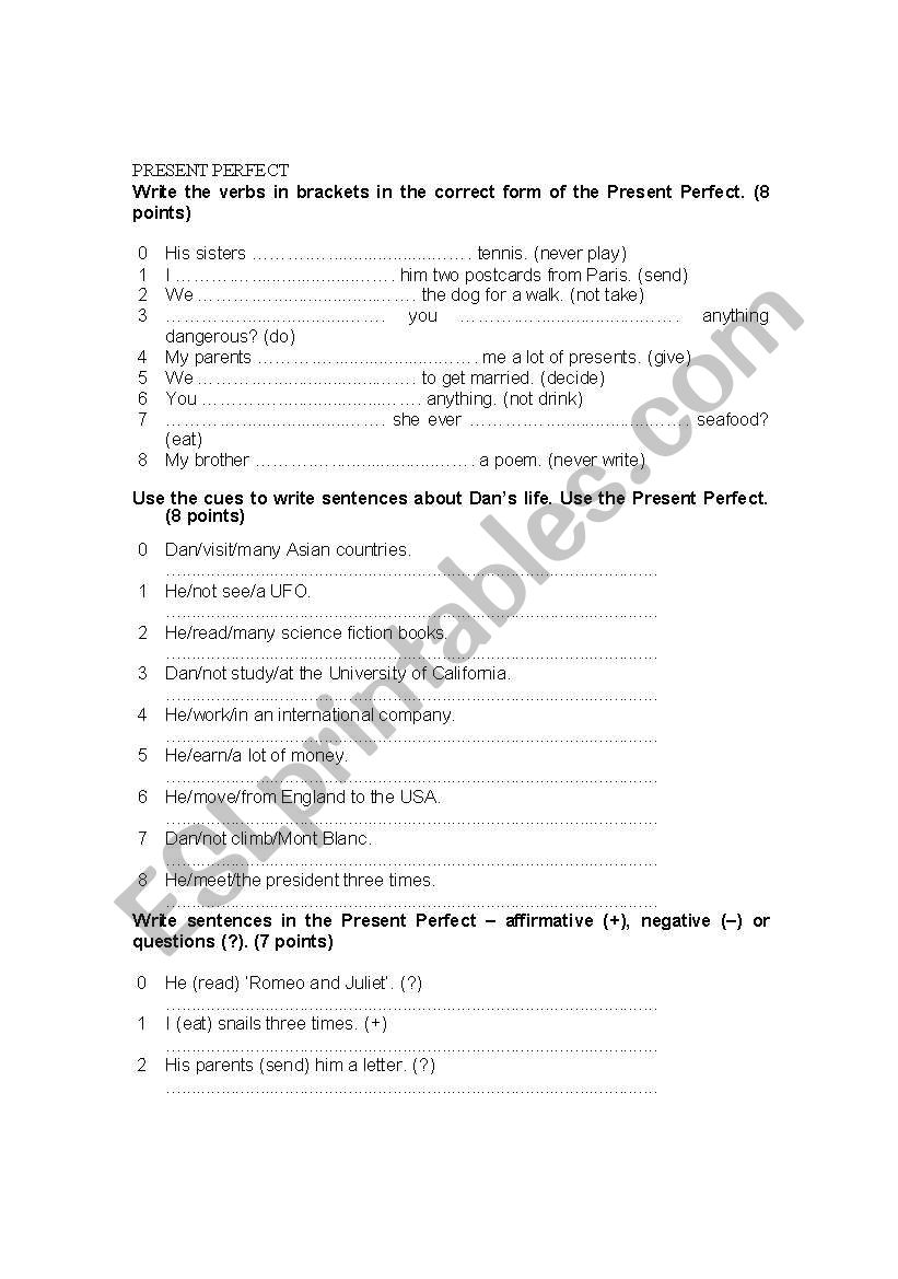 present perfect worksheet