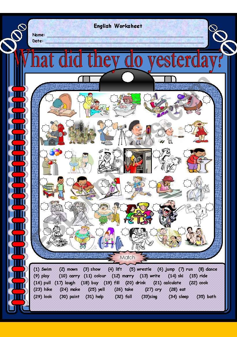 What did they do yesterday?  (Past Simple Tense) Two pages 