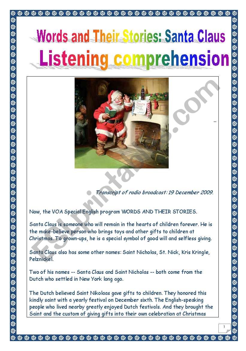 COMPREHENSIVE LISTENING PROJECT - SANTA CLAUS (12 tasks, 8 pages, includes  ANSWER KEY)