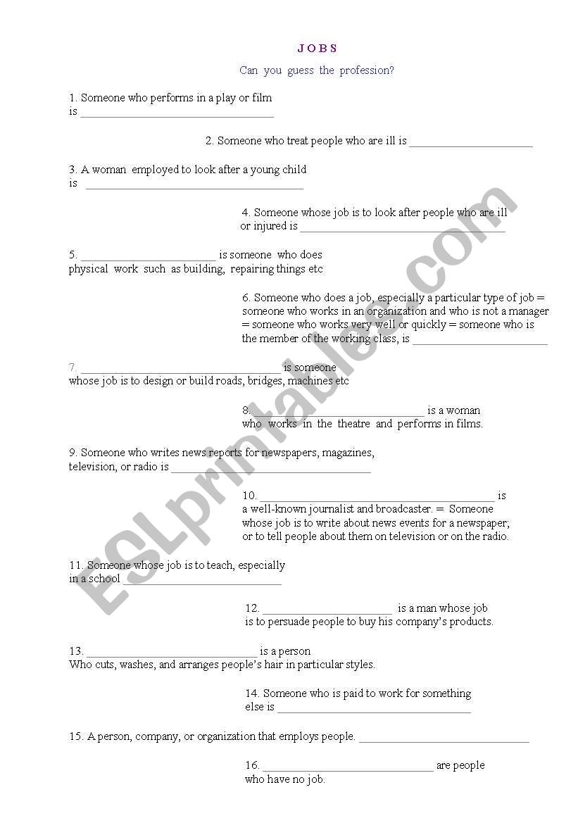Can you guess the profession? worksheet