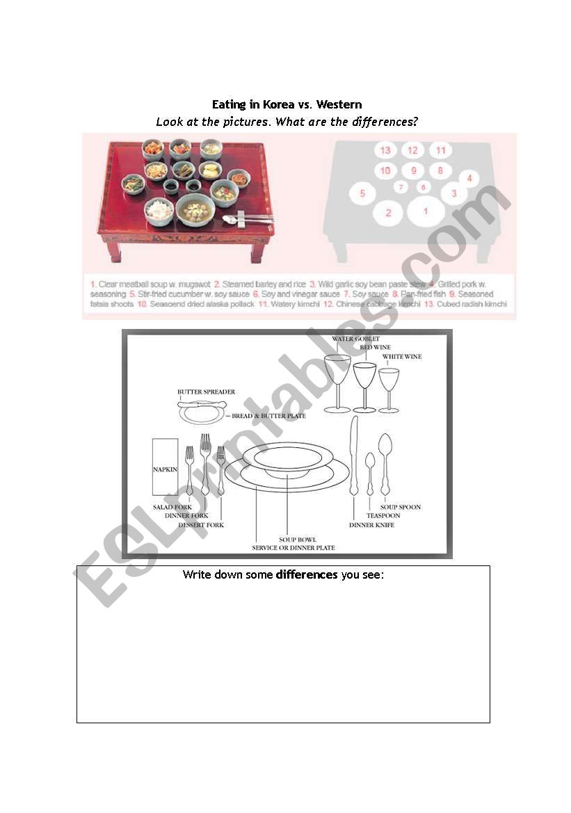 Korea table setting  worksheet