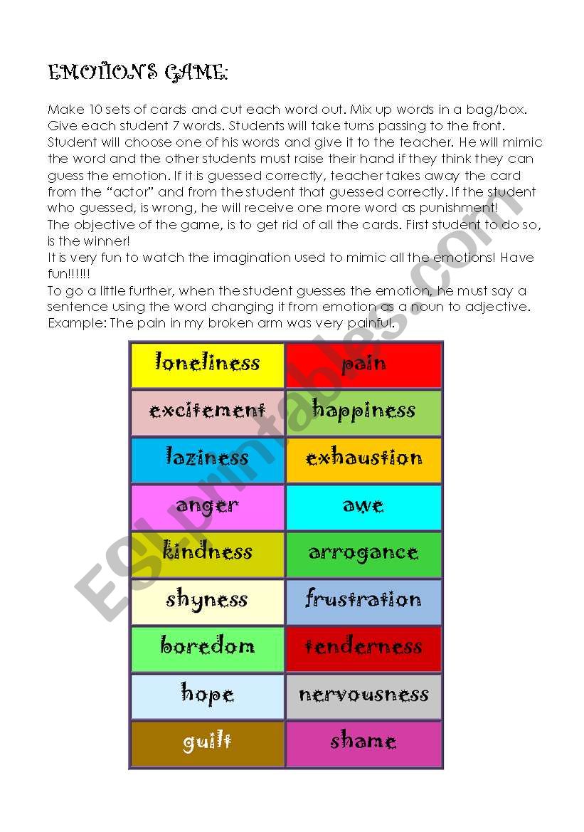 EMOTIONS GAME worksheet