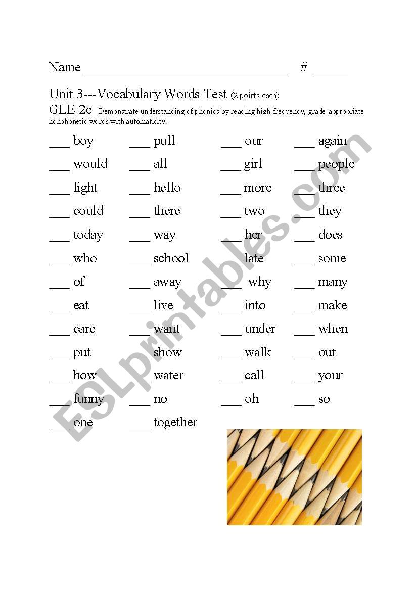Unit 3 Vocabulary Words Test worksheet