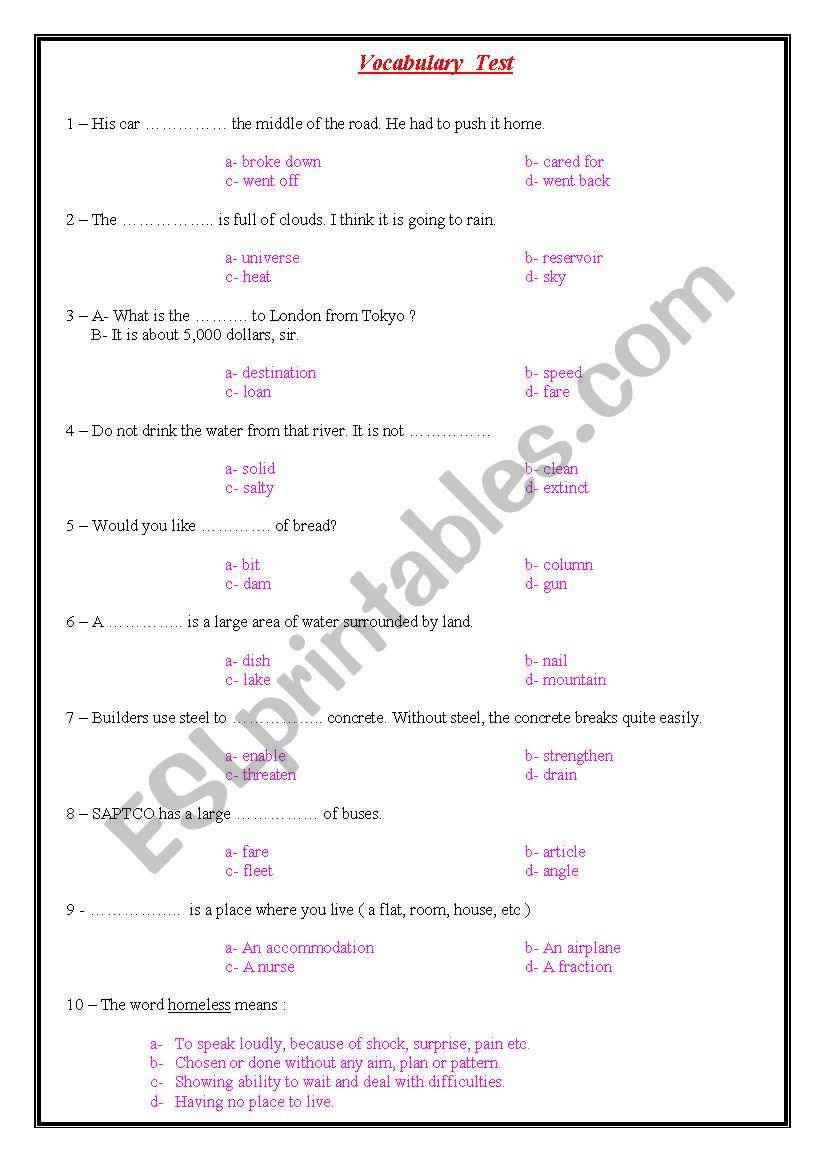 vocabulary test worksheet