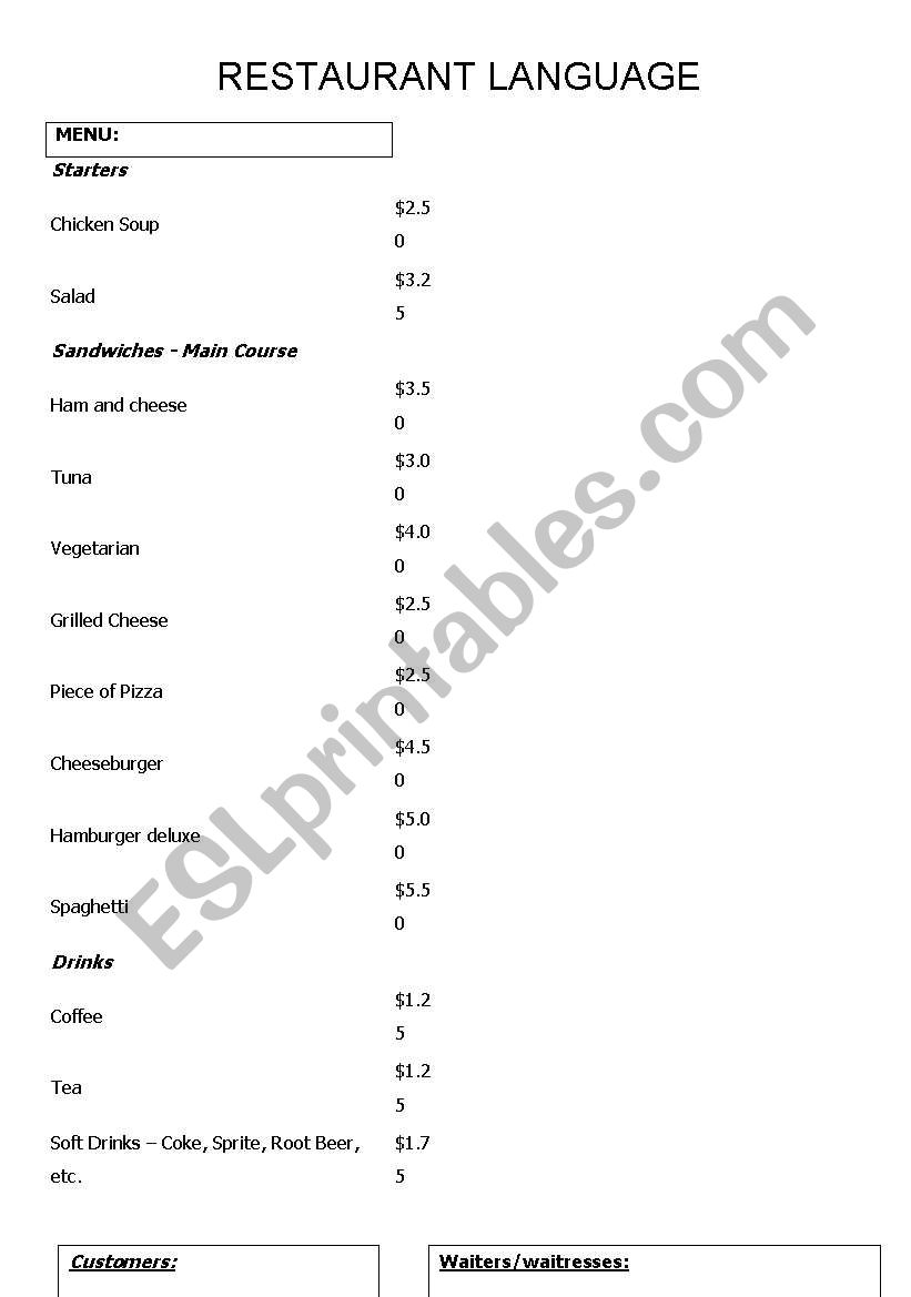 Restaurant Language  worksheet