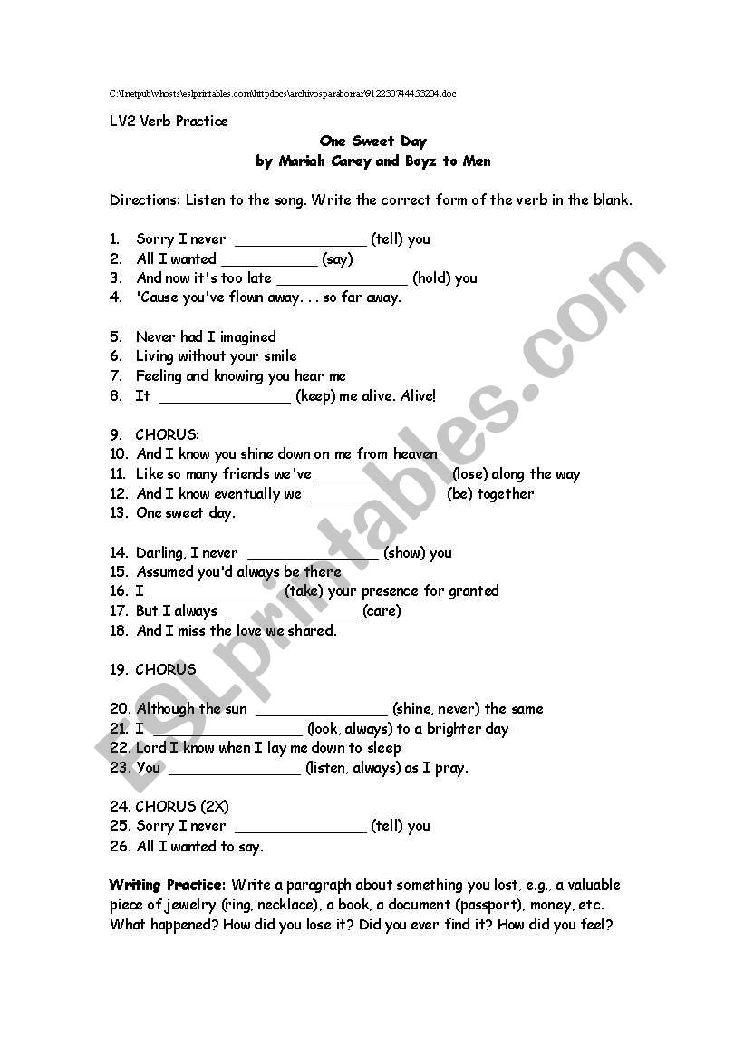 One Sweet Day by Mariah Carey worksheet