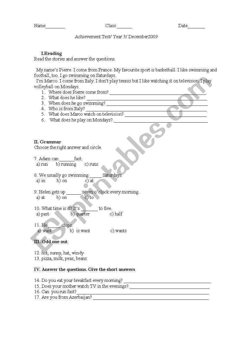 Reading,Grammar,Spelling worksheet