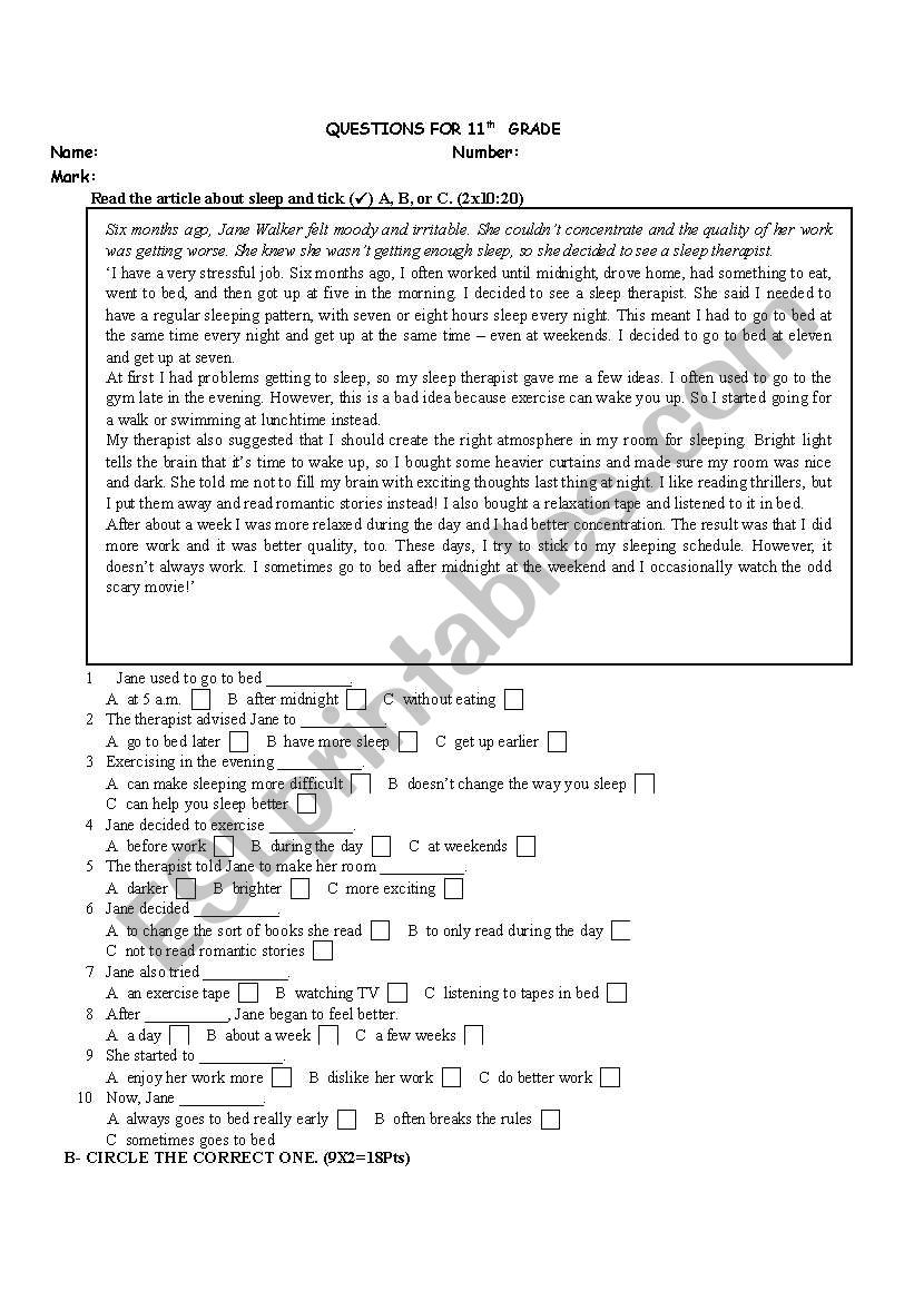 test worksheet