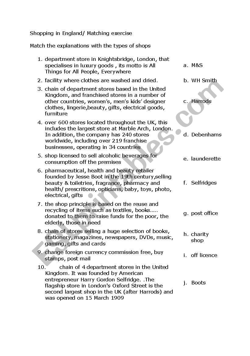 Shops in England worksheet