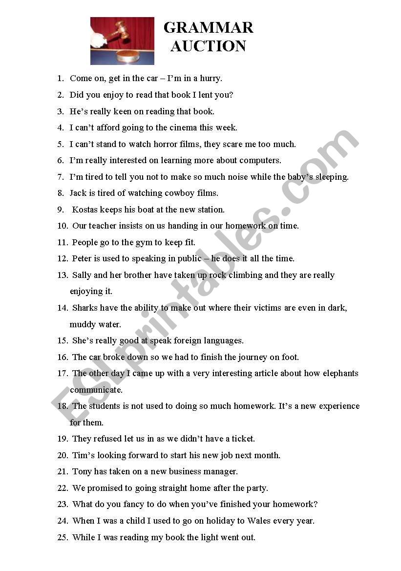 grammar auction worksheet