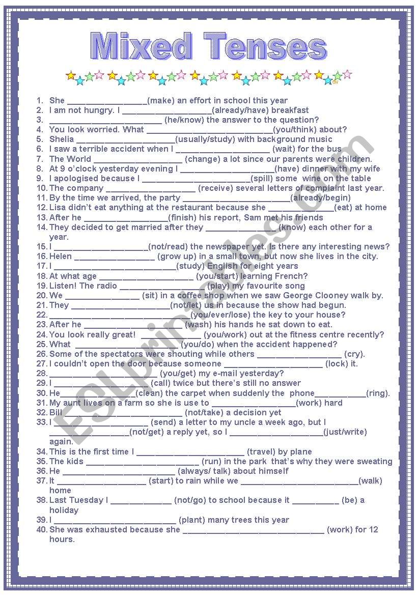 MIXED TENSES ESL Worksheet By Joycemon