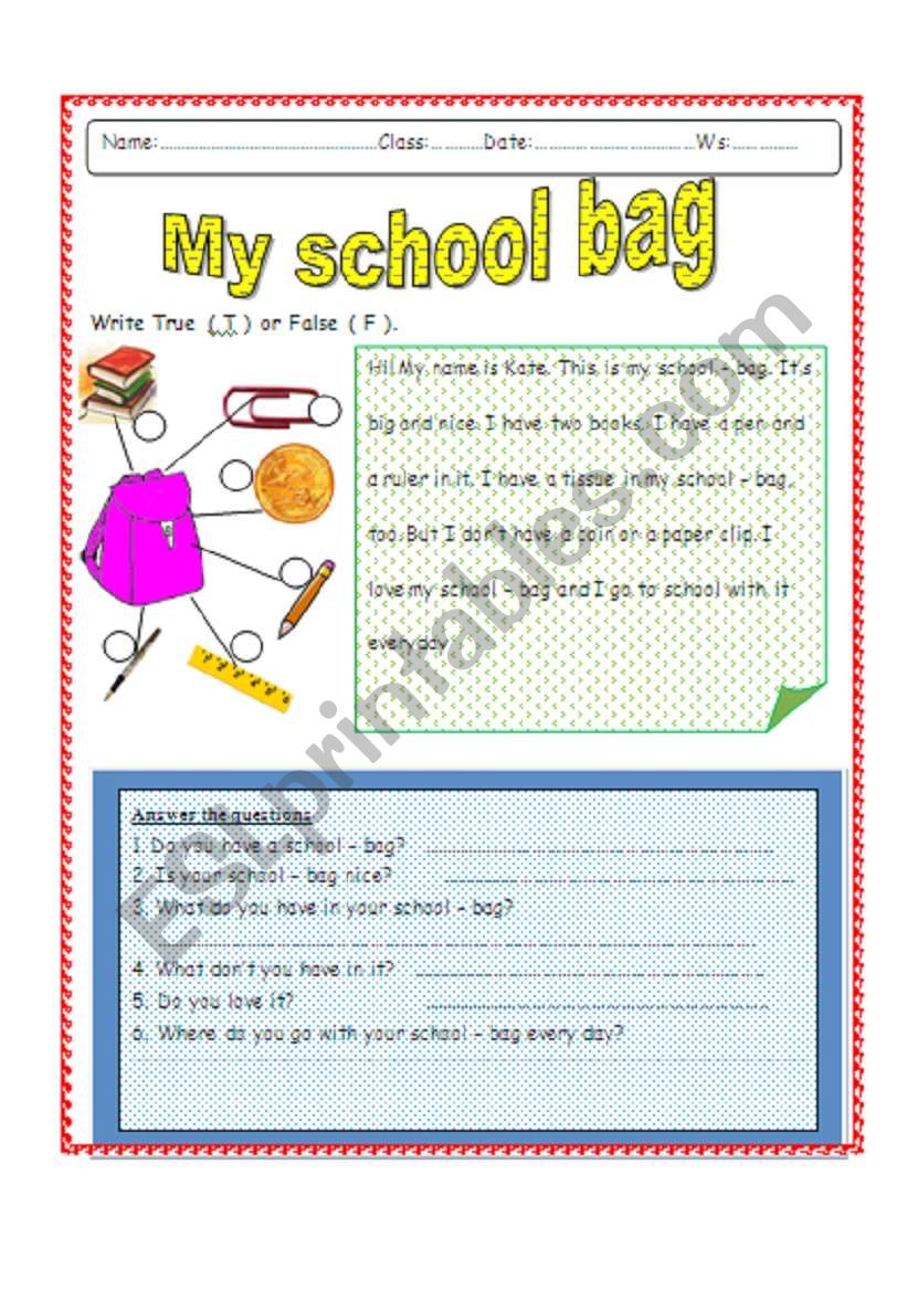 my school bag worksheet