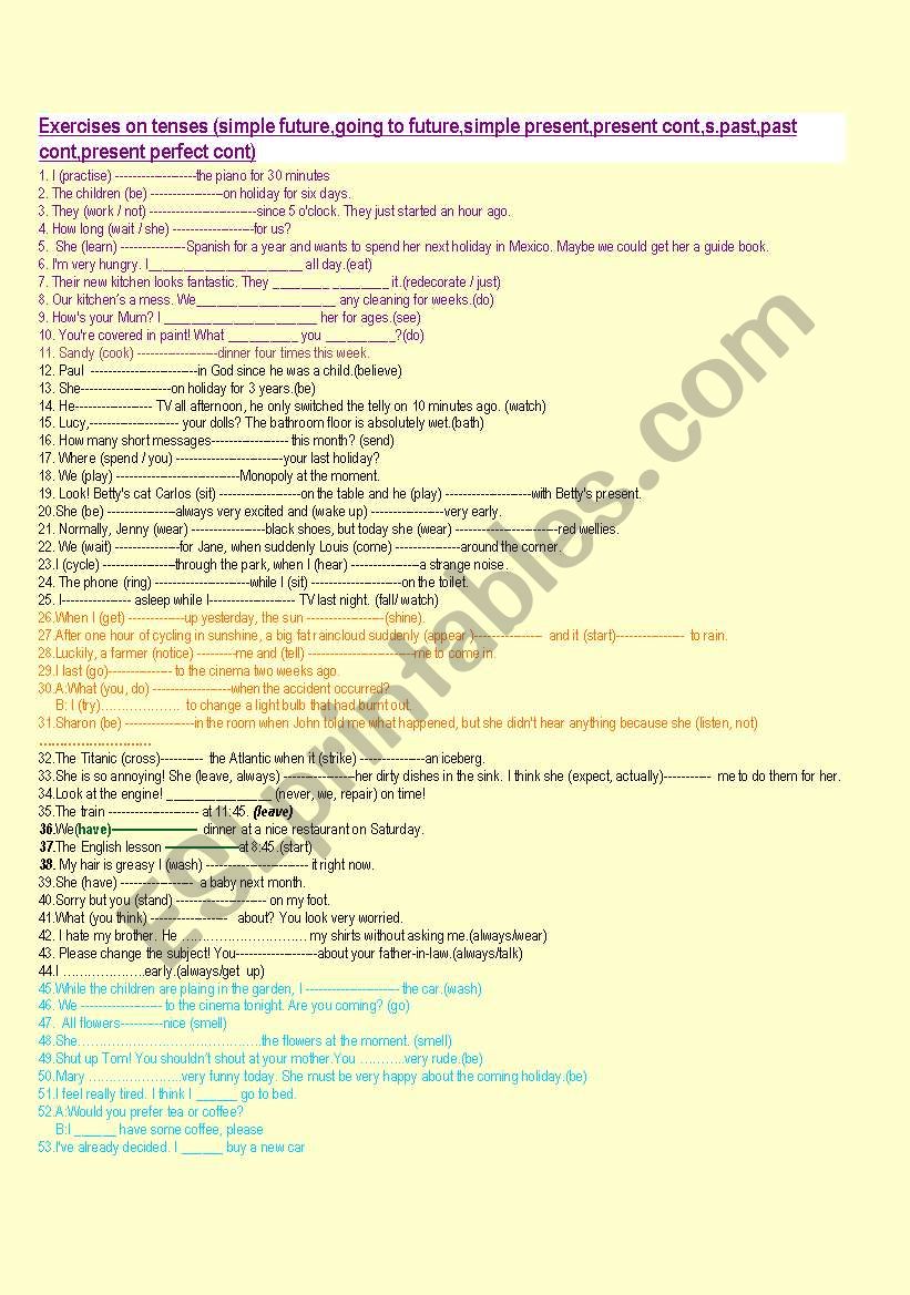Exercises on tenses (simple future,going to future,simple present,present cont,s.past,past cont,present perfect cont)