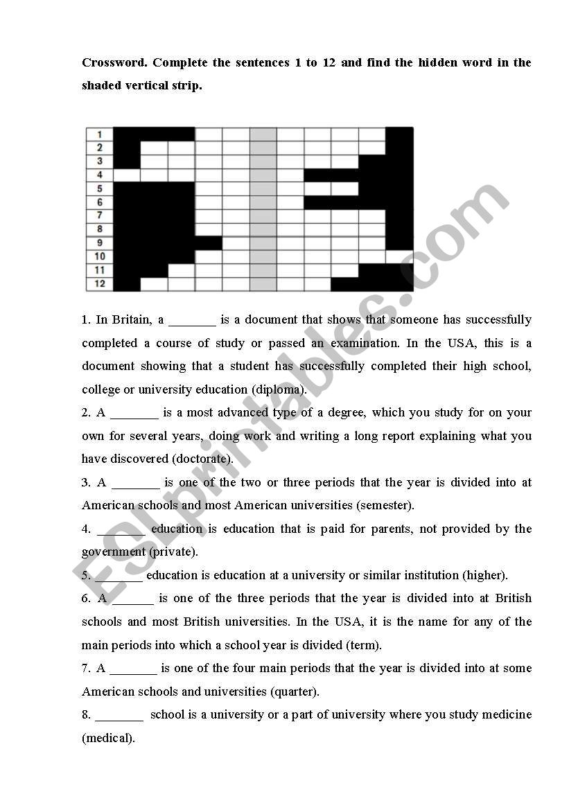 Crossword on education worksheet