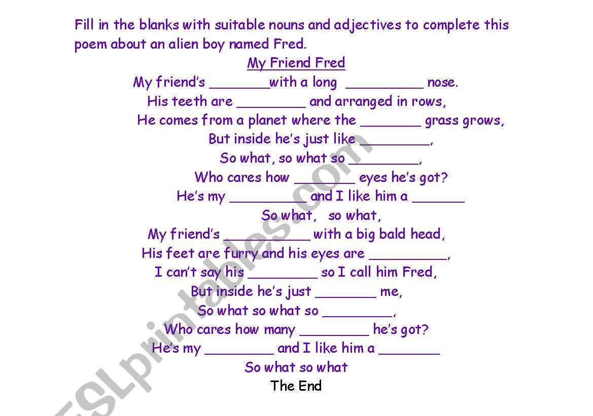 my friend Poem worksheet