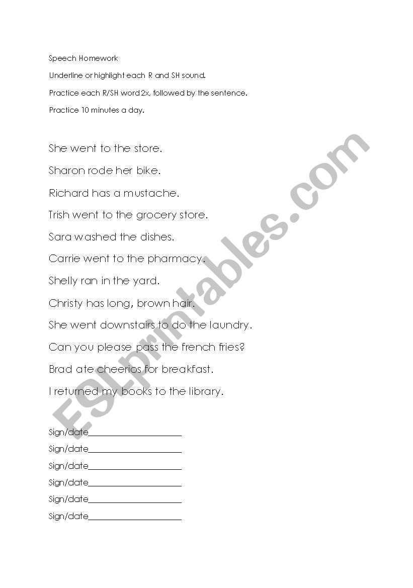R and Sh reading exercise worksheet