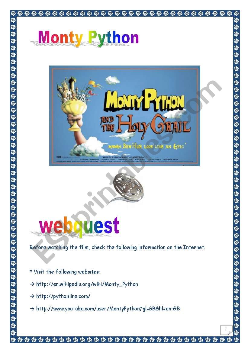 MONTY PYTHON WEBQUEST (nÂ°1) (6 pages, 7 tasks, comprehensive PROJECT & KEY)