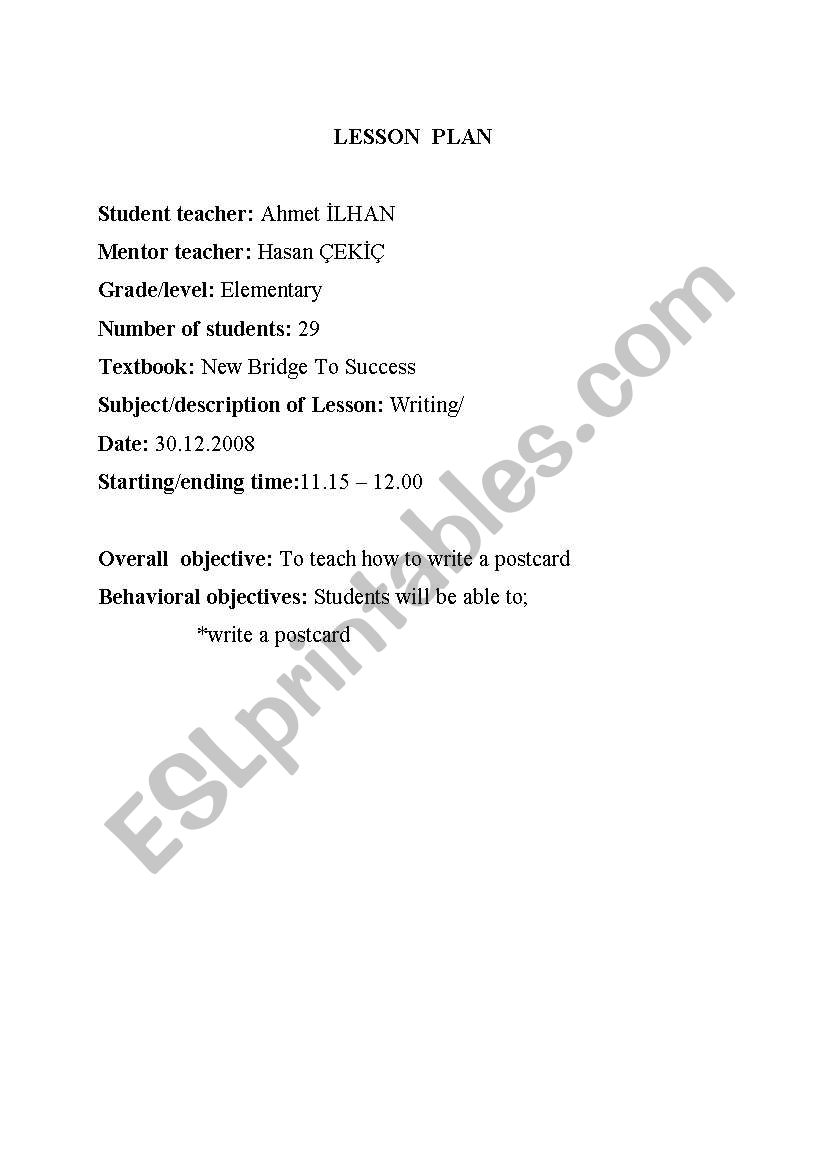 postcard worksheet