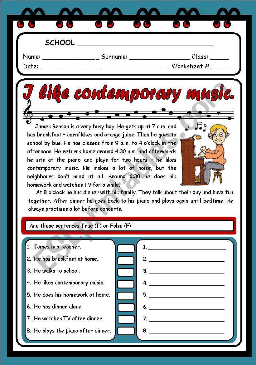 I LIKE CONTEMPORARY MUSIC (READING & COMPREHENSION) - 2 PAGES