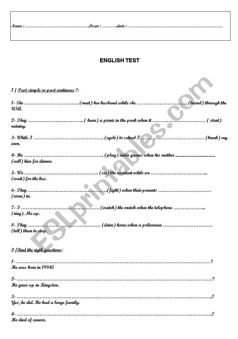 Past simple vs Past continous worksheet