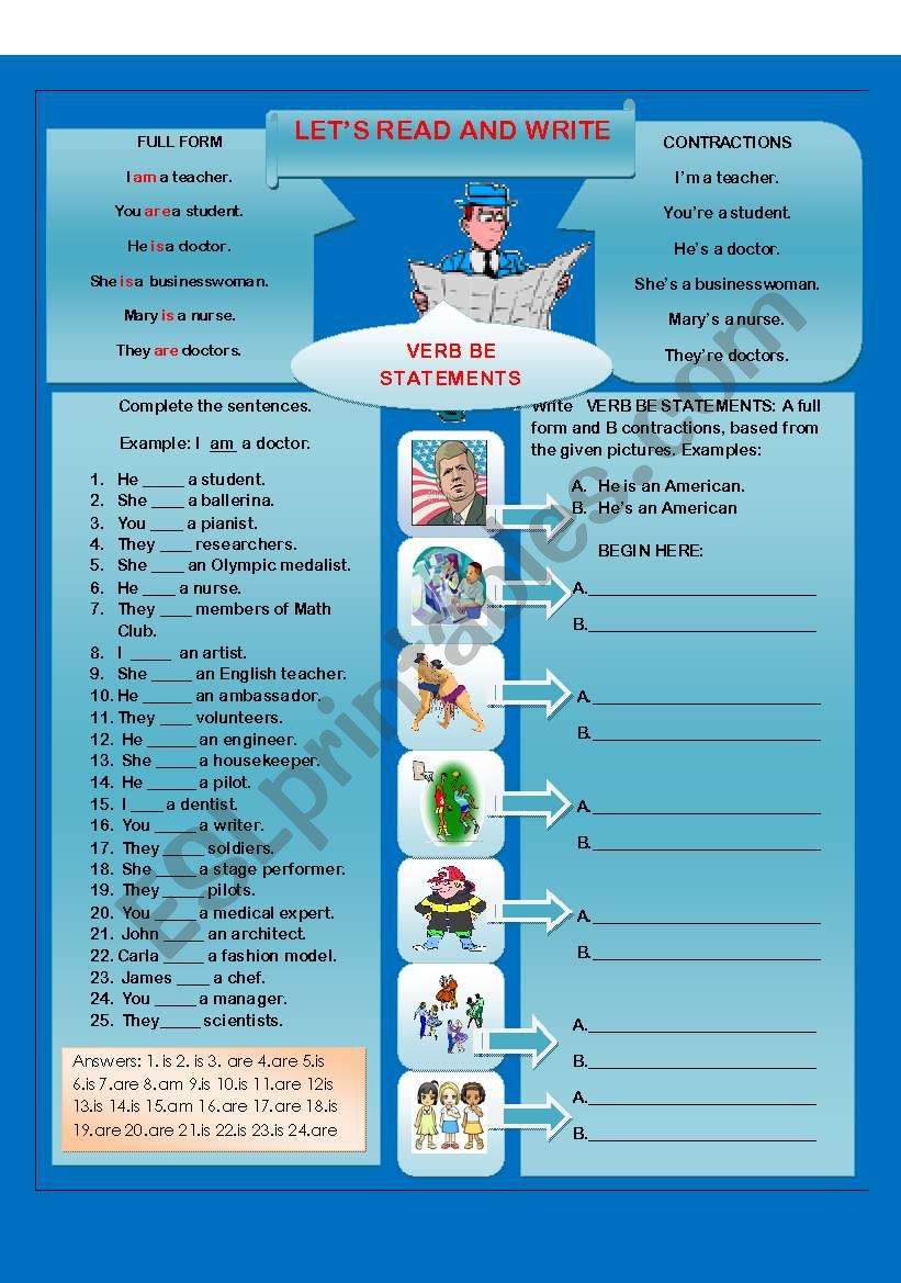 VERB BE STATEMENTS worksheet