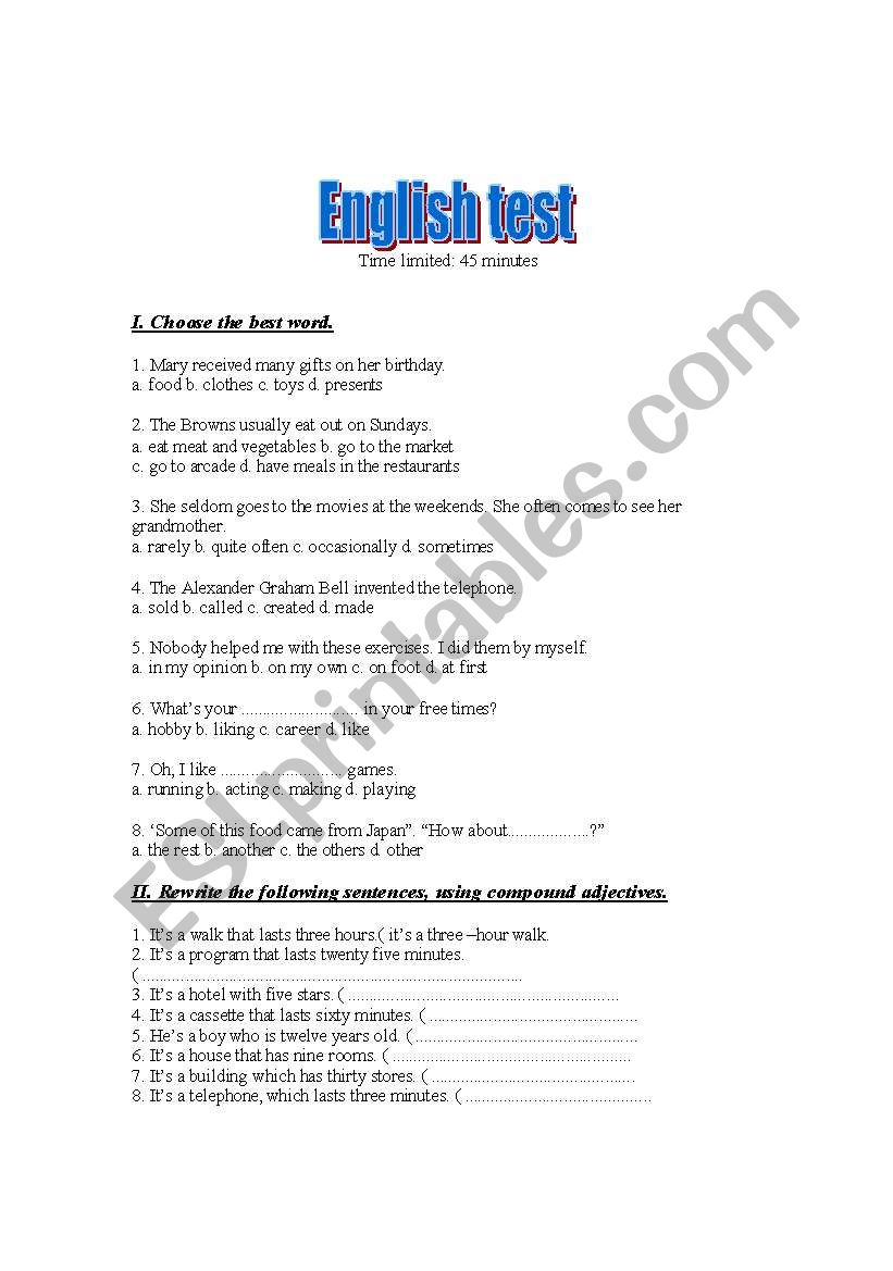 English test worksheet