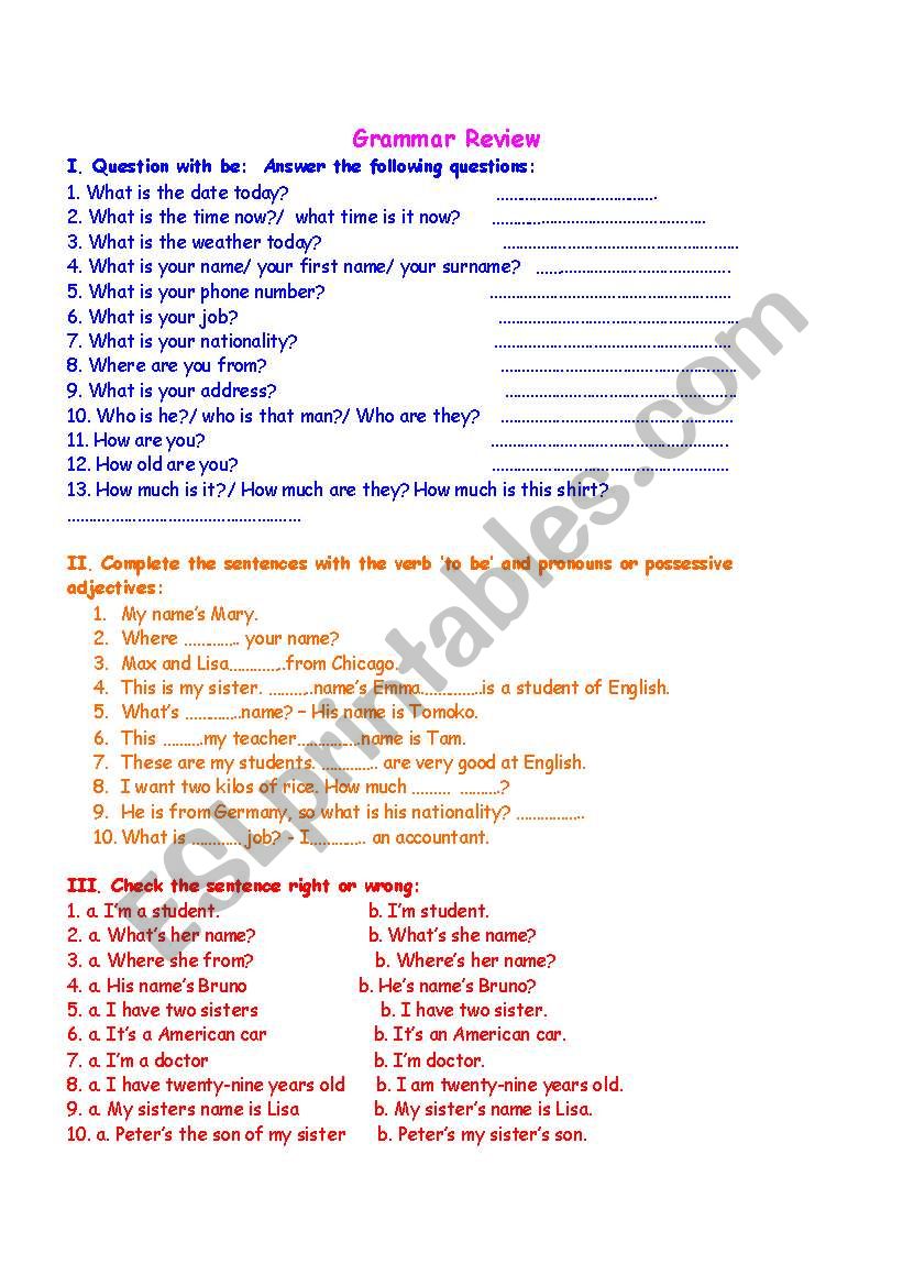 Grammar  review worksheet