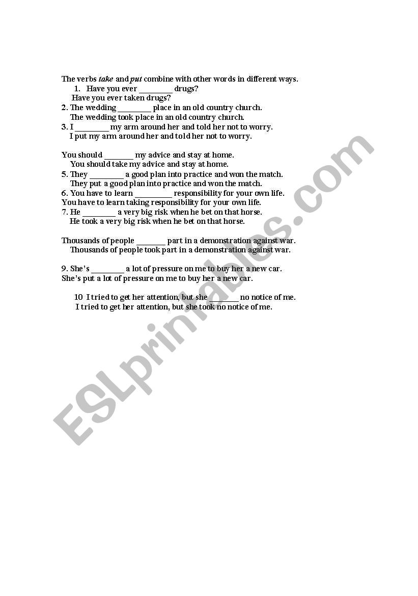 Take & Put worksheet