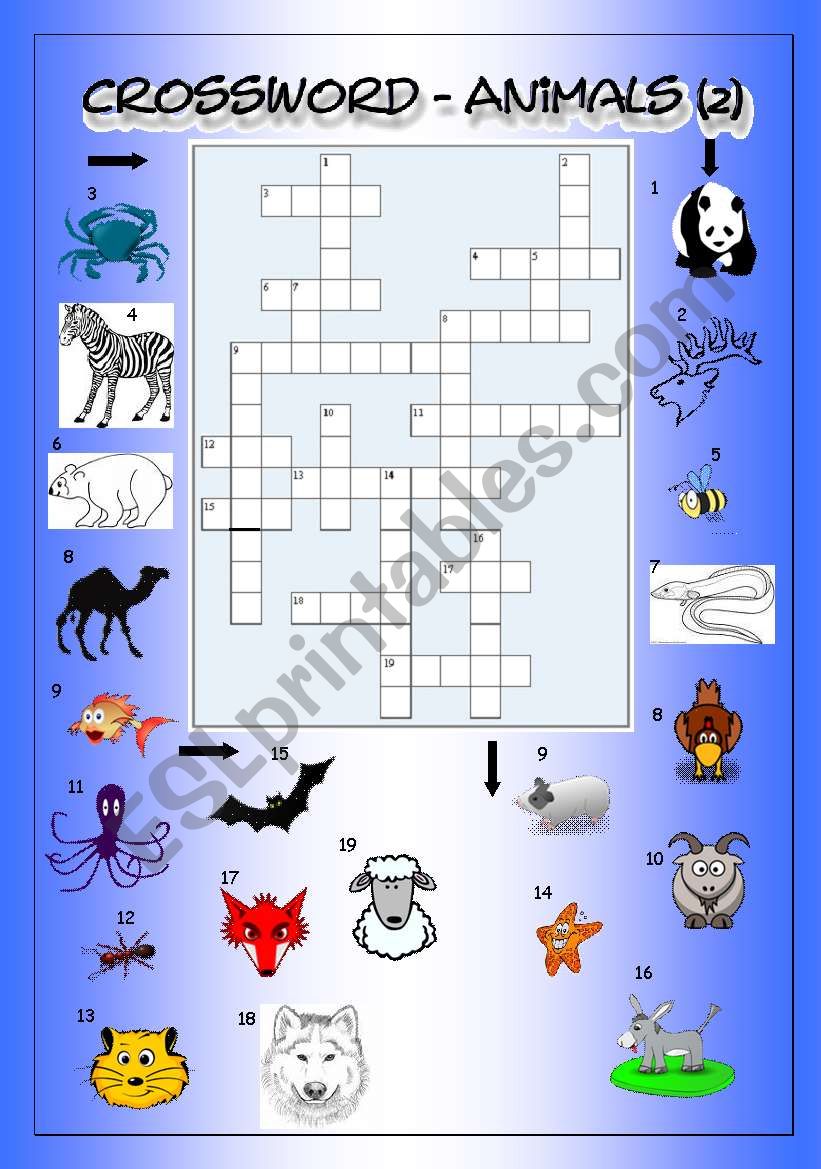 Crossword - Animals 2 (Medium) - ESL worksheet by PhilipR