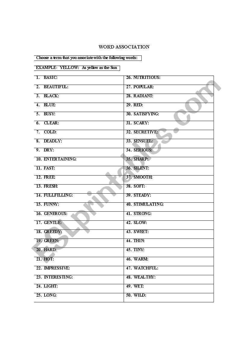 Word Association worksheet