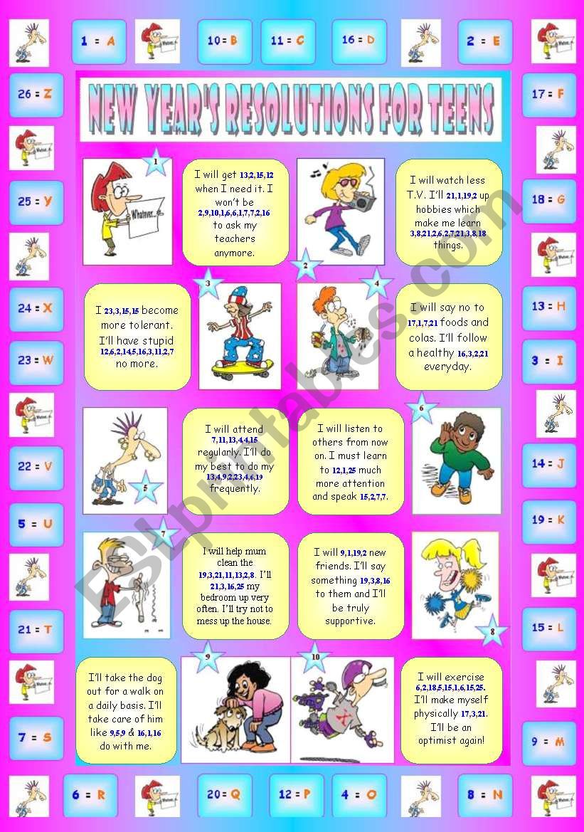 New YearÂ´s Resolutions for Teens (Part 3/4). 2 Pages!!! Key included!