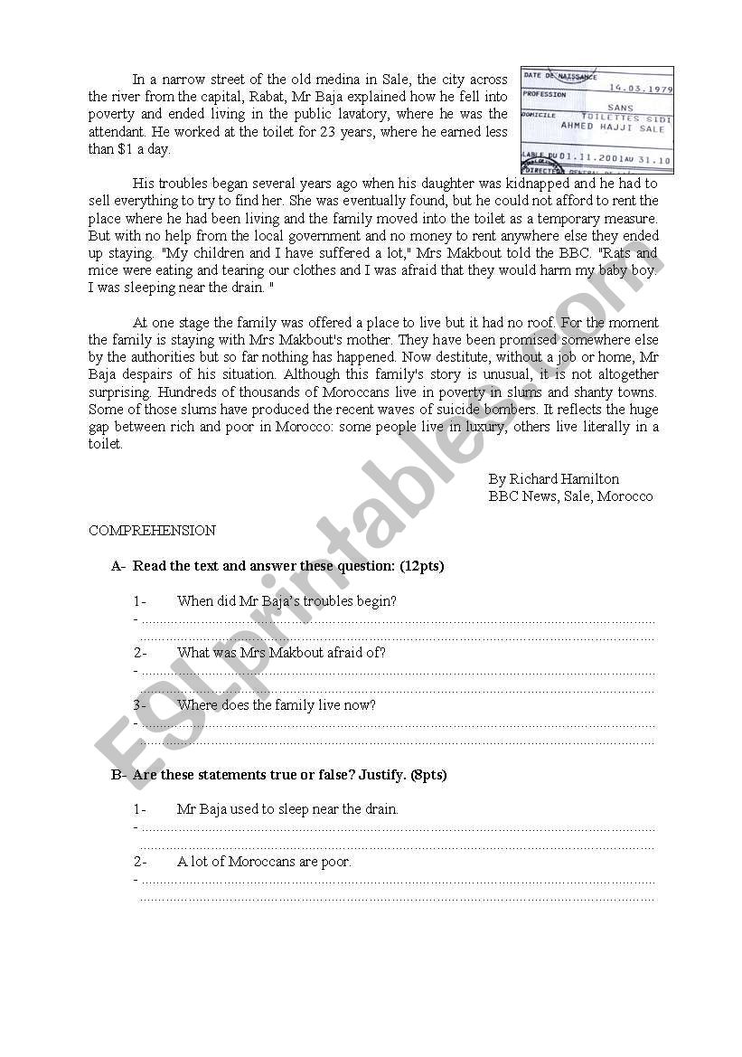 Reading Comprehension Quiz worksheet