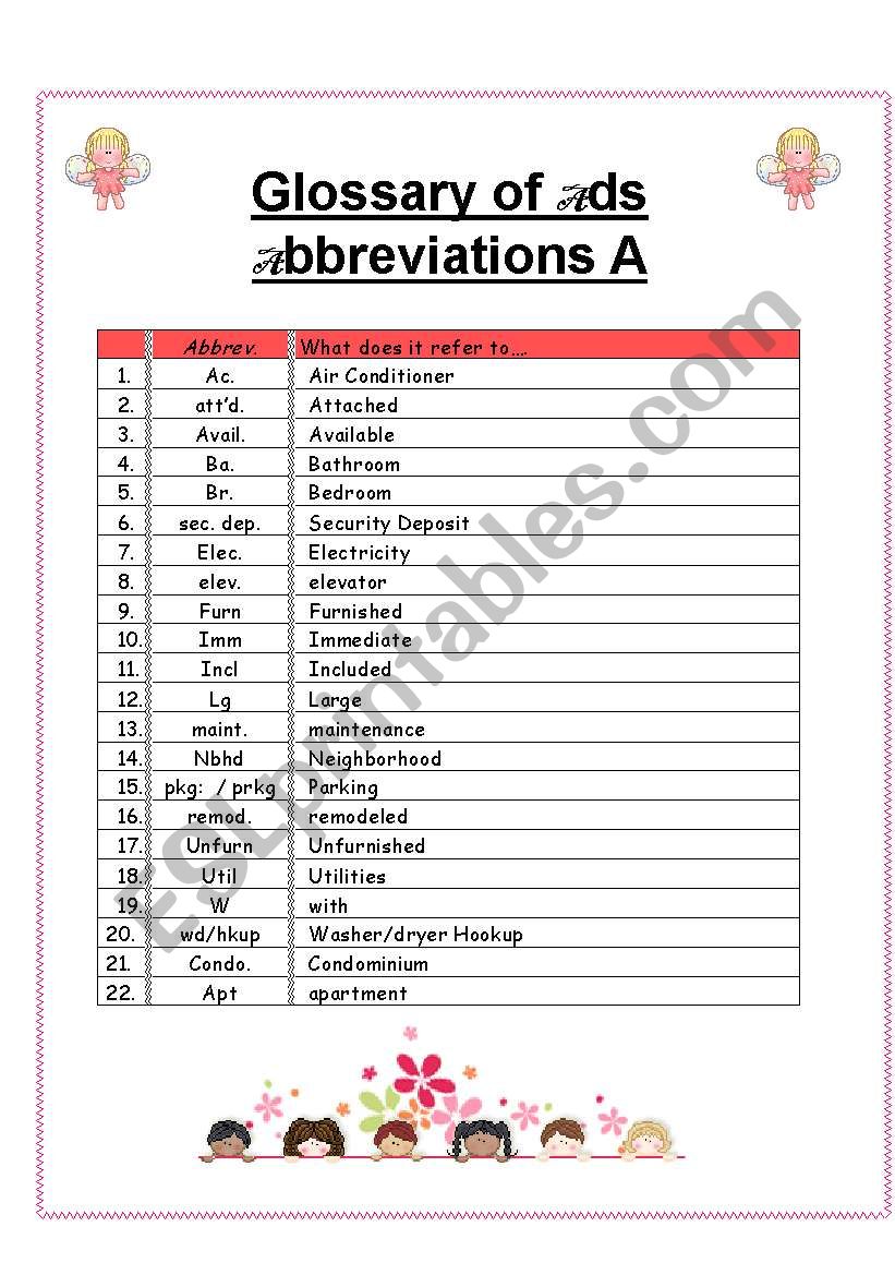 Glossary of Ads Abbreviations worksheet