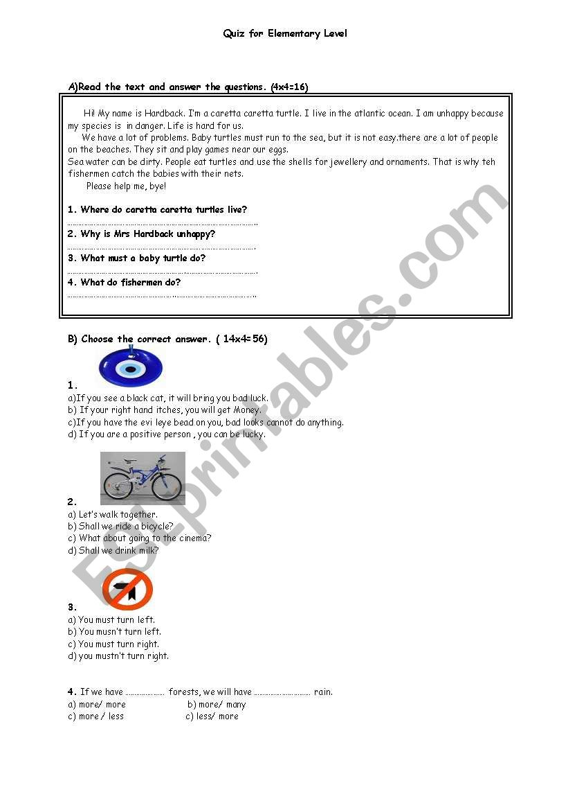 Quiz for prep. class worksheet