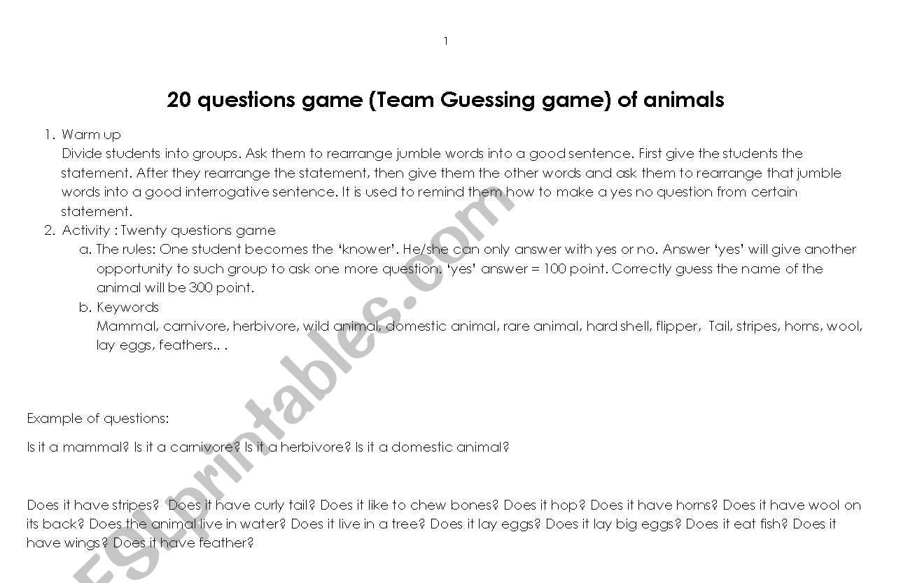 20 questions game (Team guessing game) of animals
